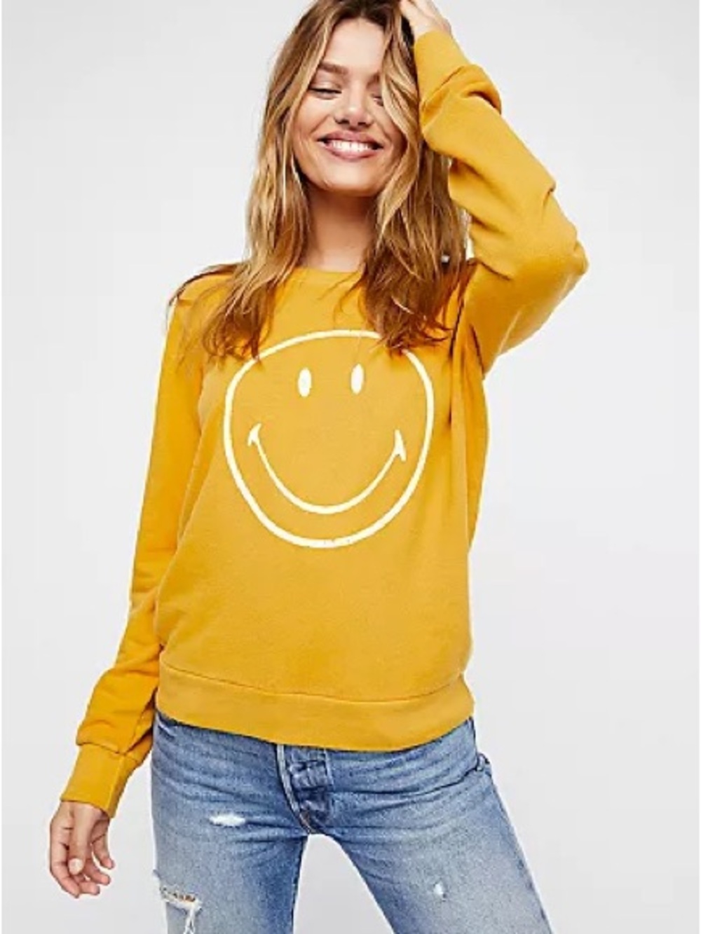Free People Daydreamer Yellow Happy Smile Crew Neck Sweater Top